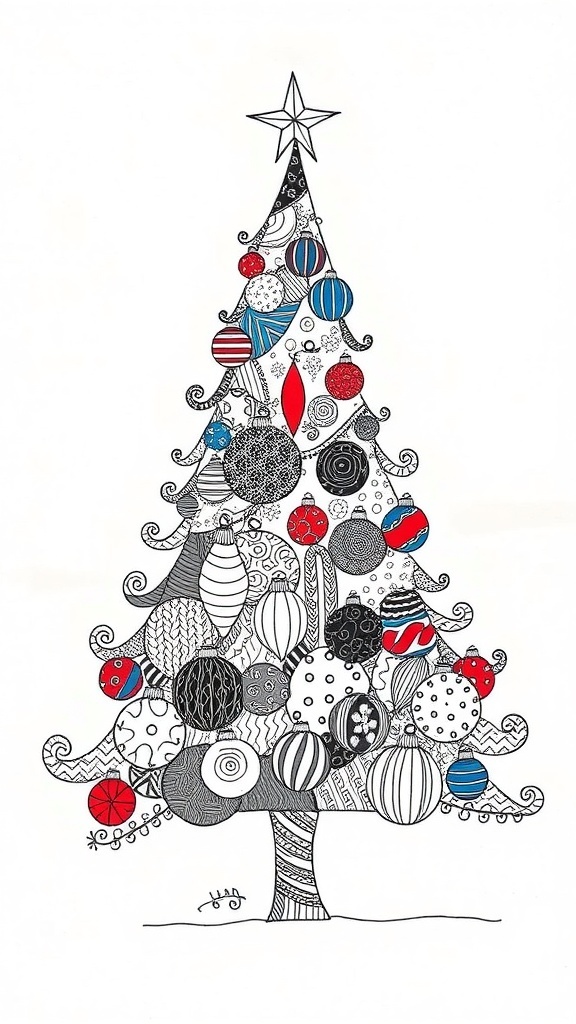 Christmas Tree Zentangle Art Intricate zentangle Christmas tree art with patterns and colorful decorations.